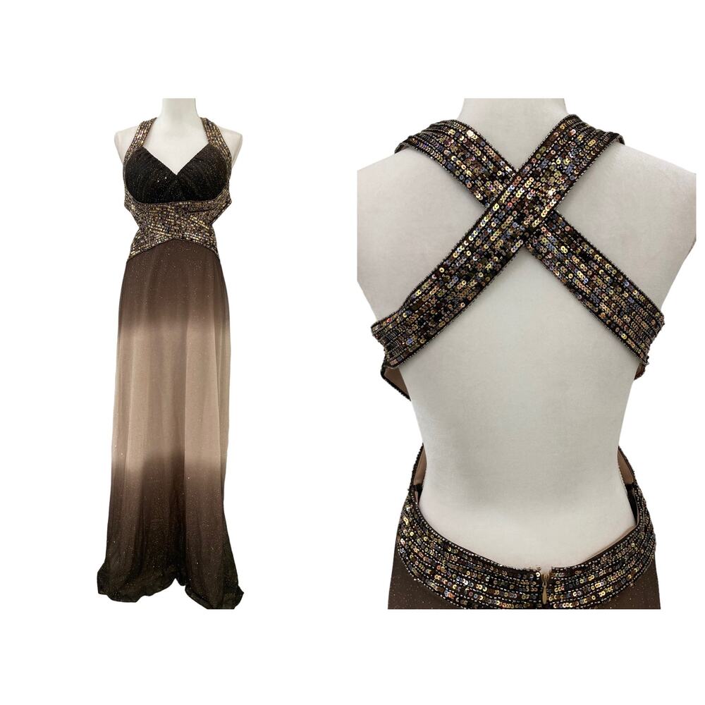 Vintage Betsey & Adam Golden Cross Back Gown Dress 8